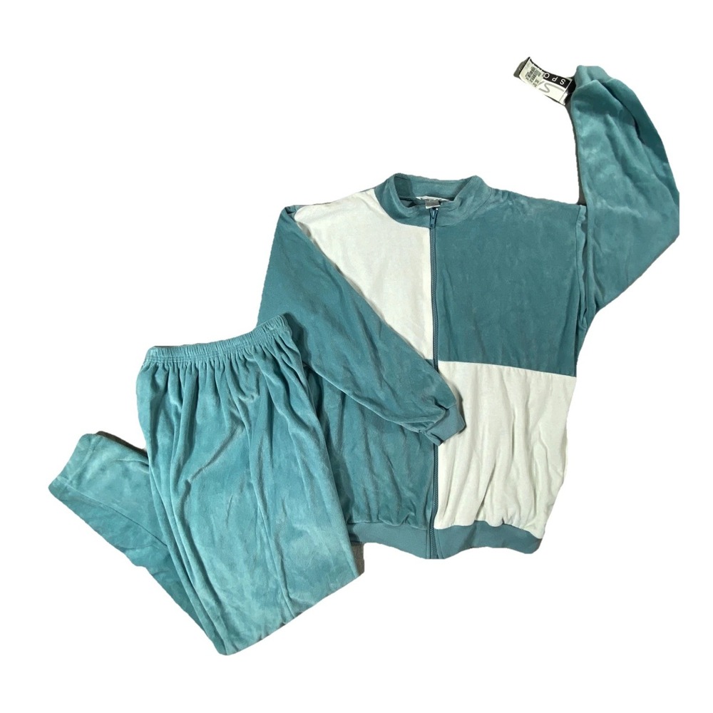 Vintage SK Sport Tracksuit Womens M Teal White Colorblock Velour Zip 2 Piece USA